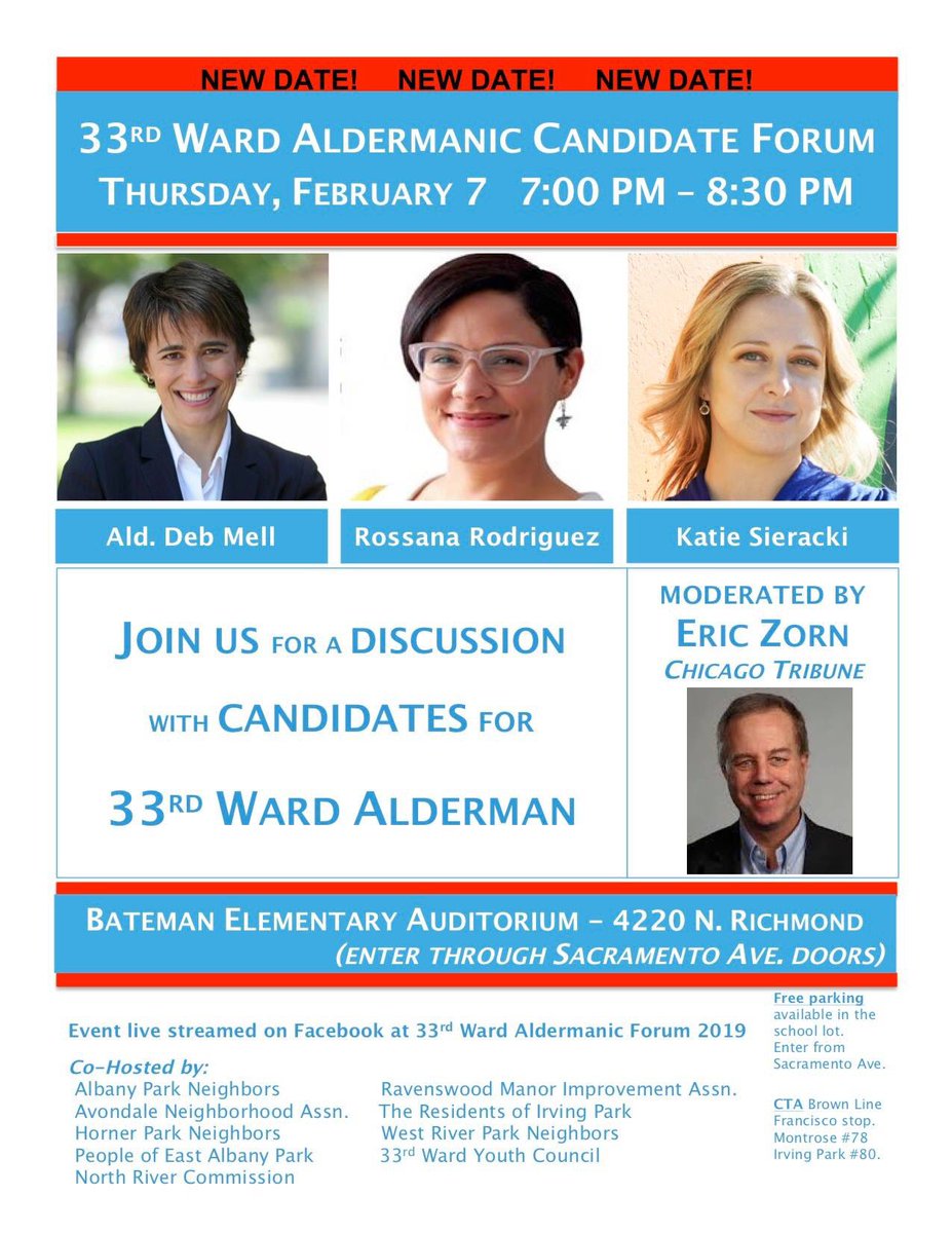 apccchgo's tweet image. Update!

This Wednesday’s 33rd Ward Aldermanic Candidate Forum at @BatemanES has been rescheduled. 

The forum will take place next Thursday, Feb. 7th at 7:00pm.