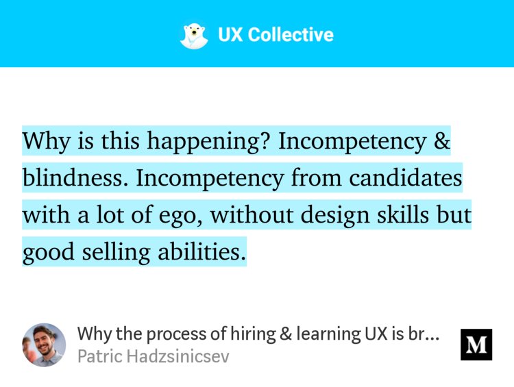 tgoborges's tweet photo. "Why the process of hiring &amp;amp; learning UX is broken" - @Lisuger https://t.co/4C7WHPUzA1 https://t.co/cHCDzYRn9I
