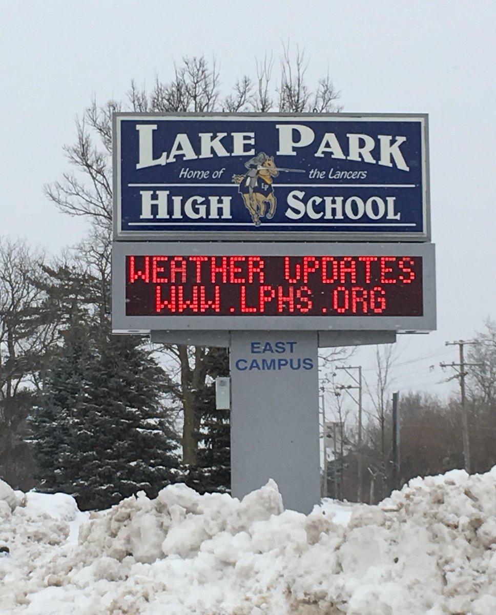 Please RT: Due to inclement weather, LP has CANCELLED school for 1/30/19 &amp; 1/31/19. Both campuses &amp; the admin center will be closed for the safety of students &amp; staff. For athletic updates, follow <a href="/LPAthleticDept/">Lake Park Athletics</a> or visit il.8to18.com/lphs/. Stay safe! #WeAreLakePark