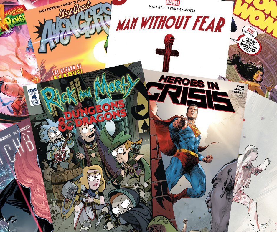 New Comics for January 30th at The Great Escape:
Heroes in Crisis #5, Man Without Fear #5, Mighty Morphin Power Rangers #35, West Coast Avengers #7, Witchblade #11, Wonder Woman #63... and more!
Our comic holds customers get 25% off their pulled comic cover prices!