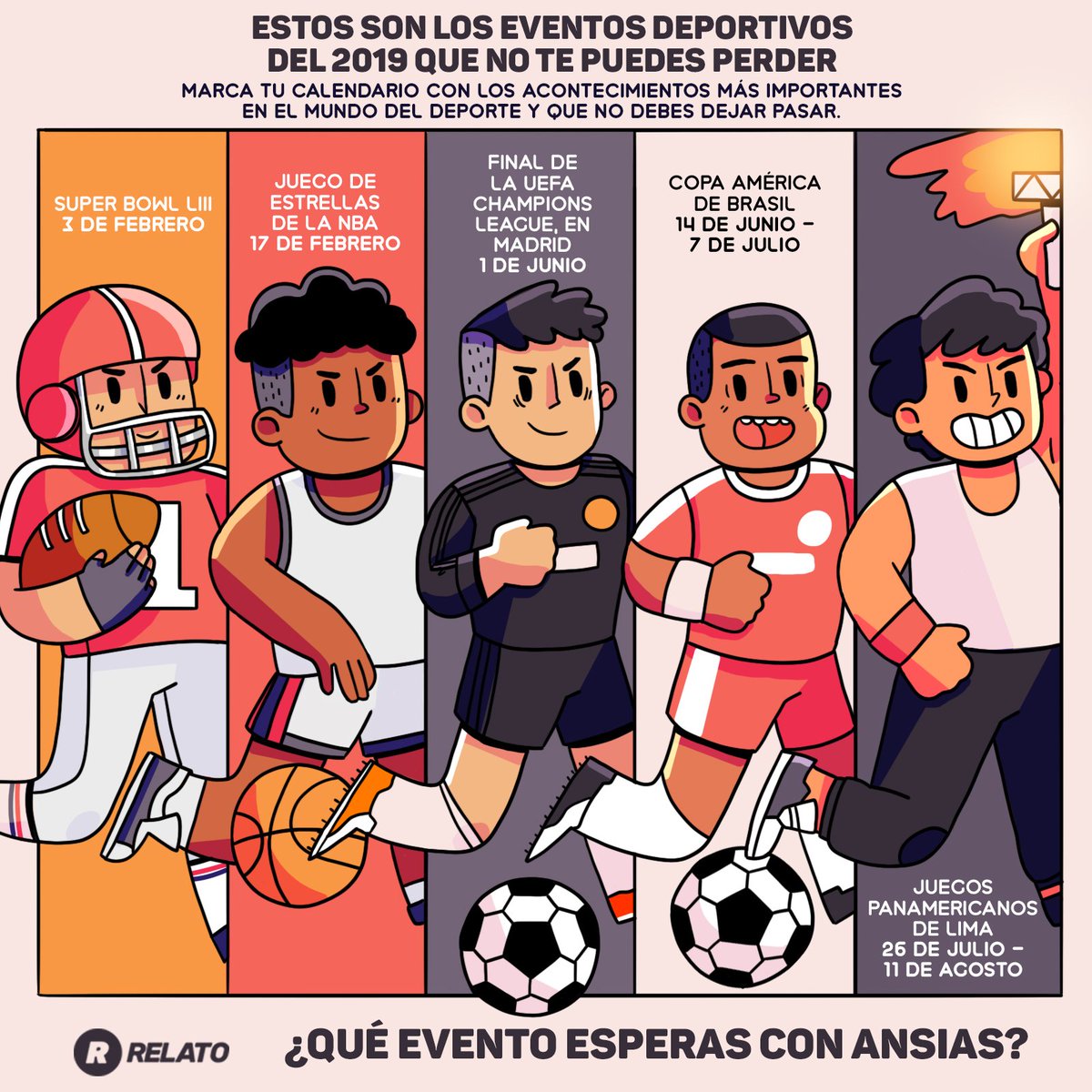 relato_gt's tweet photo. ¿Te gustan los #deportes? Se viene la #CopaAmérica y los #JuegosPanamericanos junto a otros eventos deportivos internacionales. @crisragui te da los detalles en su #relatoon. RT si esperas alguno de ellos. Fuente: FIFA, CONMEBOL, NBA, NFL, UEFA, ODEPA. https://t.co/s0TCIFu7FA