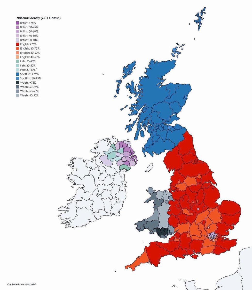 地図フリーク Sur Twitter 英国の地域別の帰属国意識https T Co Qxdoa1x17y スコットランドではスコットランド人 イングランドではイングランド人 ウェールズではウェールズ人が多い 北アイルランドでは アイルランド人よりブリティッシュ 英国人 が多い