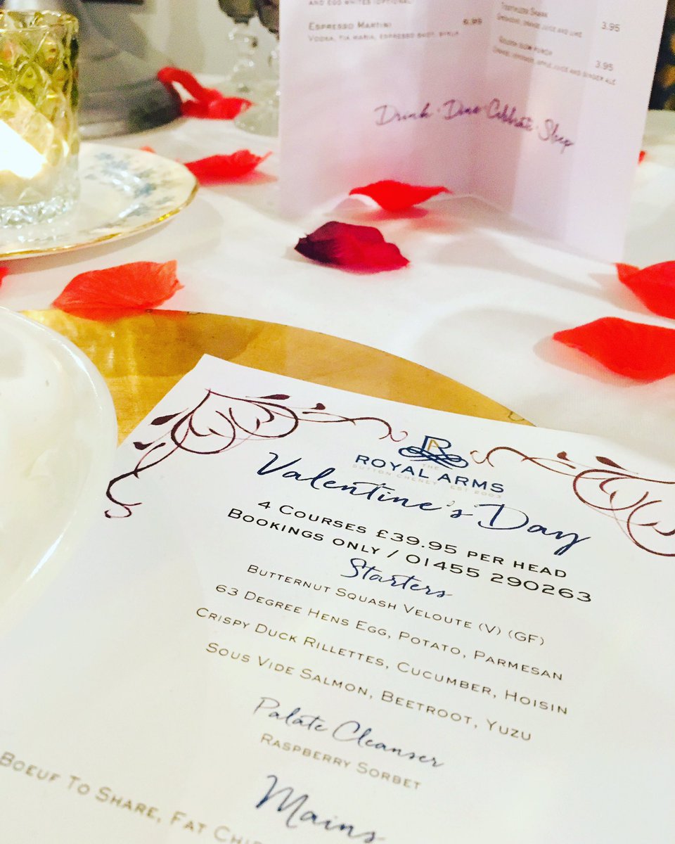 TheRoyalArms's tweet photo. Spoil your loved one to our 4 course menu this Valentine's Day! Call us on 01455290263 or email on info@royalarms.co.uk to book your table ❤️ #ValentinesDay #royalarmssuttoncheney https://t.co/r2Y90AHsne