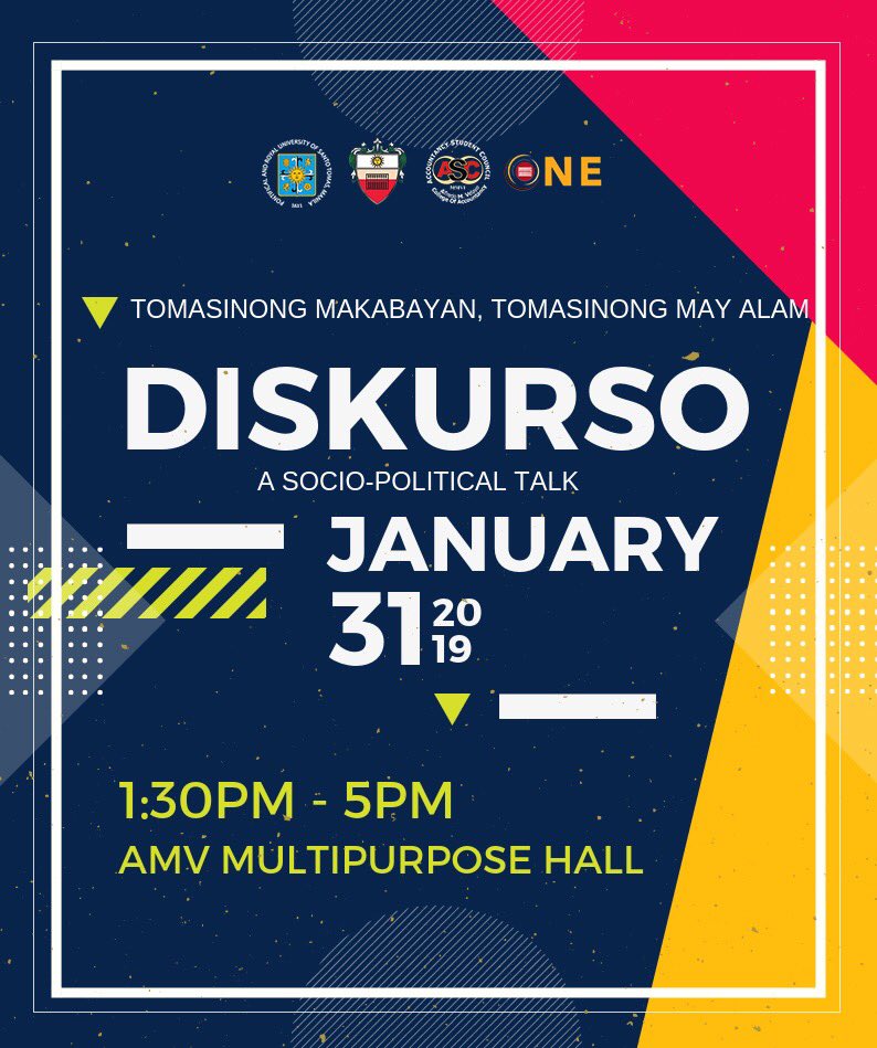 UST_ASC's tweet photo. Halina’t makisali at makibahagi sa #DISKURSO.
This January 31 at the AMV Multipurpose Hall, let’s talk about real and relevant socio-political issues in our country. Be in touch with our history during Martial Law and be in the know about our future with Federalism.
#ONEfourAMV https://t.co/bbjPQlg148