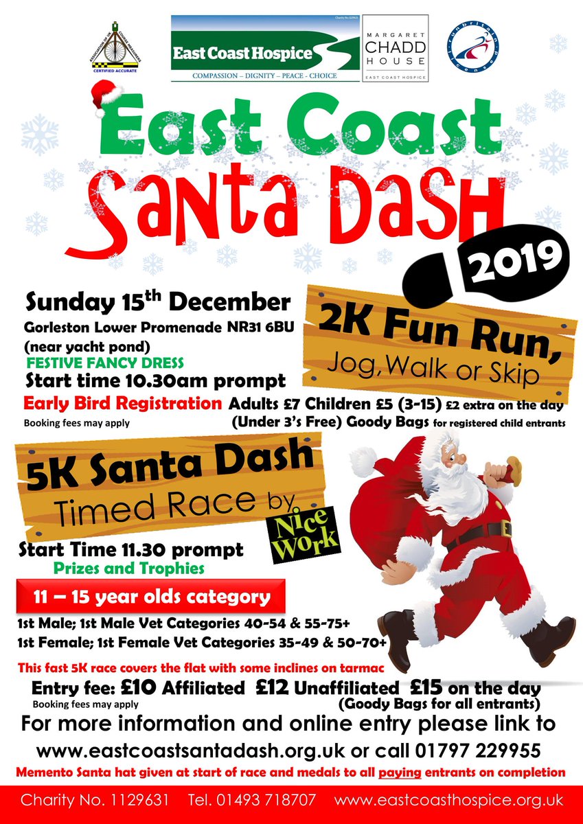 Are you ready to get Santa Suited and Running Booted in 2019? 
The East Coast Santa Dash will be back again to turn the Gorleston Promenade a festive shade of Santa Hat which saw over 400 people take part in 2018 helping to raise over £5,500!! eastcoastsantadash.org.uk