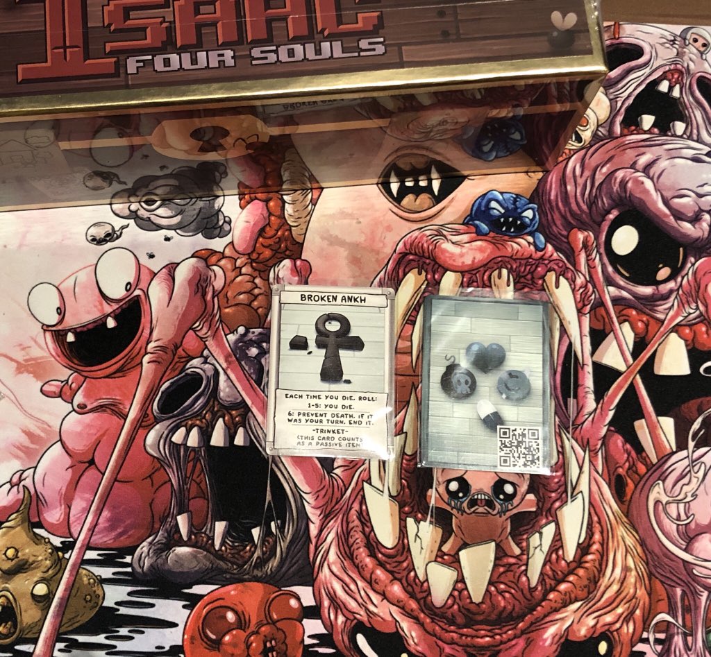 acreid23's tweet photo. I got the rest of the backer kit stuff except the t-shirts were missing :(. Anyway I wanted to share my husbands great idea to help my 14yr old son who can’t read yet,he made QR codes for each loot card reading what it did so he can play for himself @edmundmcmillen https://t.co/Rgo4dRSsMB