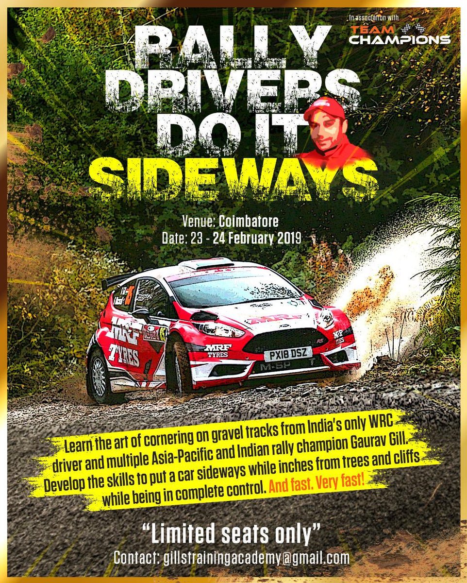 Gillracing's tweet photo. The time has come to step up your game ! Now is the opportunity to join my squad and go pro ! #ggada #mrftyres #teamchampions #championsgroup #chettinadsporting #rallyschoolindia #rallyschool #gauravgill #gillstrainingacadeamy https://t.co/X8H0Ql93qz