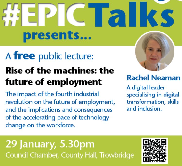 wiltscouncil's tweet photo. Not long now until tonight's #EPICtalk with digital leader, @RCNeaman on the rise of the machines: the future of employment. Tickets are free but booking is essential. 29 January, 5.30pm in the Council Chamber, County Hall, Trowbridge https://t.co/BCbG7fY7YP https://t.co/CywjszPMei