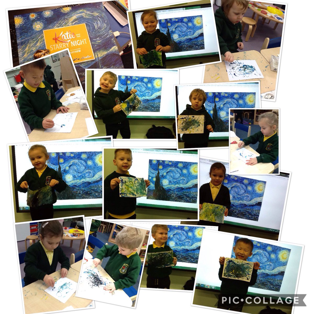 PlasmarlPrimary's tweet photo. #PlasNurs have been listening to the story Katie and the Starry Night and have made their own beautiful versions of Vincent Van Gogh's, The Starry Night. #PlasArts #PlasPD #PlasLit https://t.co/4bJ5Yv0gpX