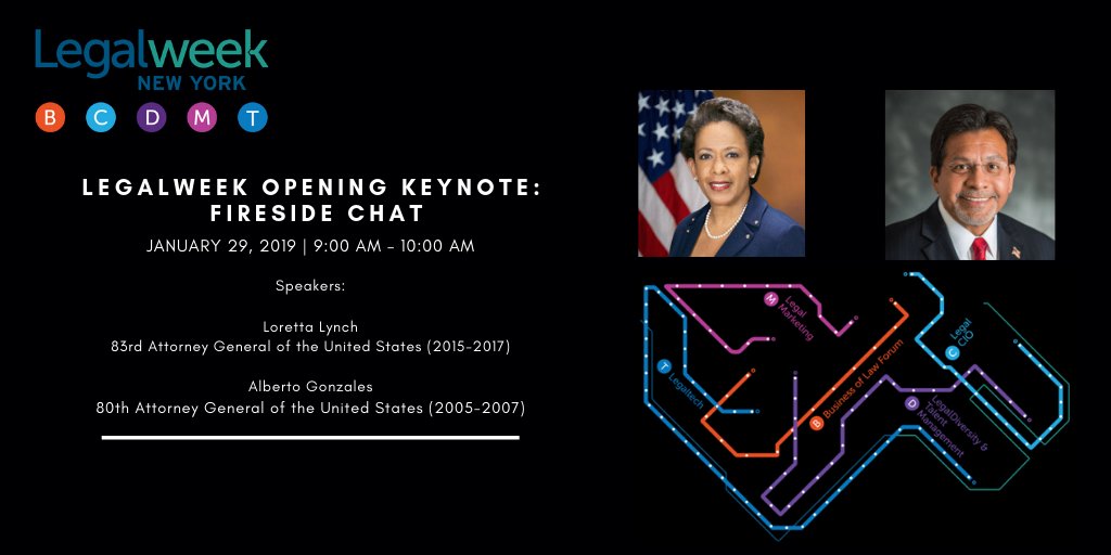 LegalTechShow's tweet photo. Join former United States Attorney Generals @argonzales and @AGLynch today at 9:00 a.m. in the Grand Ballroom for the opening #Legalweek19 Fireside chat keynote. They will discuss their professional journeys and the evolution of the legal industry. https://t.co/GOuhinluOw