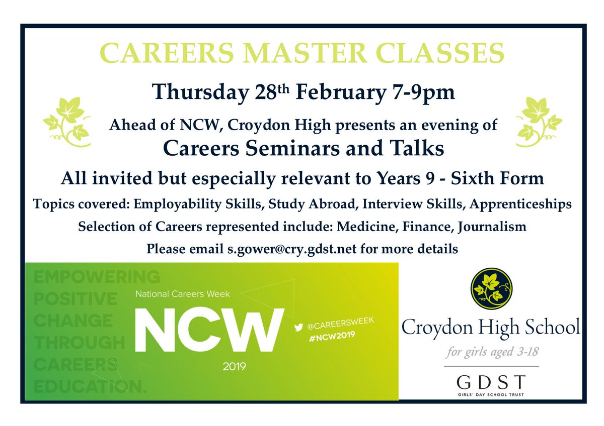 Careers Master Classes at Croydon High. Thurs 28 Feb 7-9pm. All invited but especially relevant to Years 9 - Sixth Form. Please email s.gower@cry.gdst.net for more details <a href="/CHSCareer/">Croydon High Progression and Futures</a> #everygirleveryday  #GDSTgirl #learnwithoutlimits @GDST <a href="/SchoolGuideUK/">School Guide</a> <a href="/ABCMagazineUK/">ABC Magazine</a> <a href="/FuturesMag/">Futures Magazine</a>