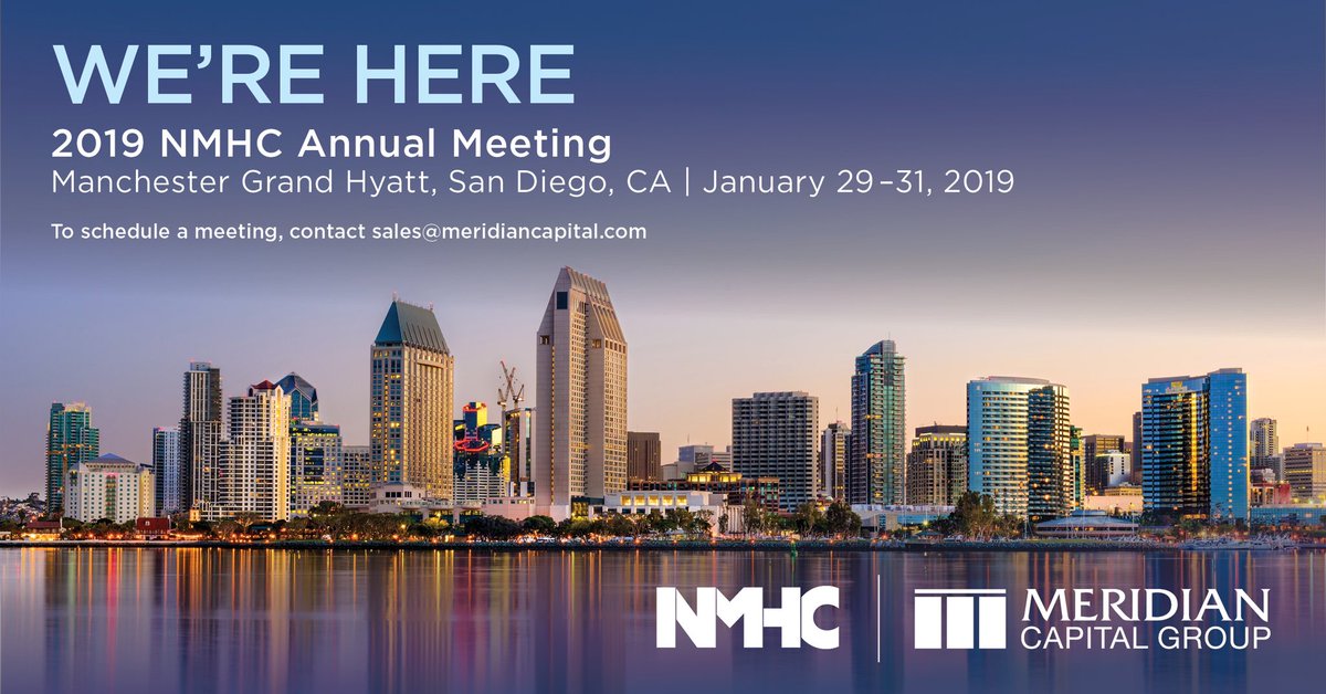 MeridianCapLLC's tweet photo. We are in sunny San Diego, ready to make deals at the 2019 National Multifamily Housing Councilโs Annual Meeting! โ๏ธ Email us to schedule a meeting or for details about our exclusive event this evening. #NMHC2019 #NMHC #multifamily #wekeepclosing https://t.co/Fj6I0j2AYT