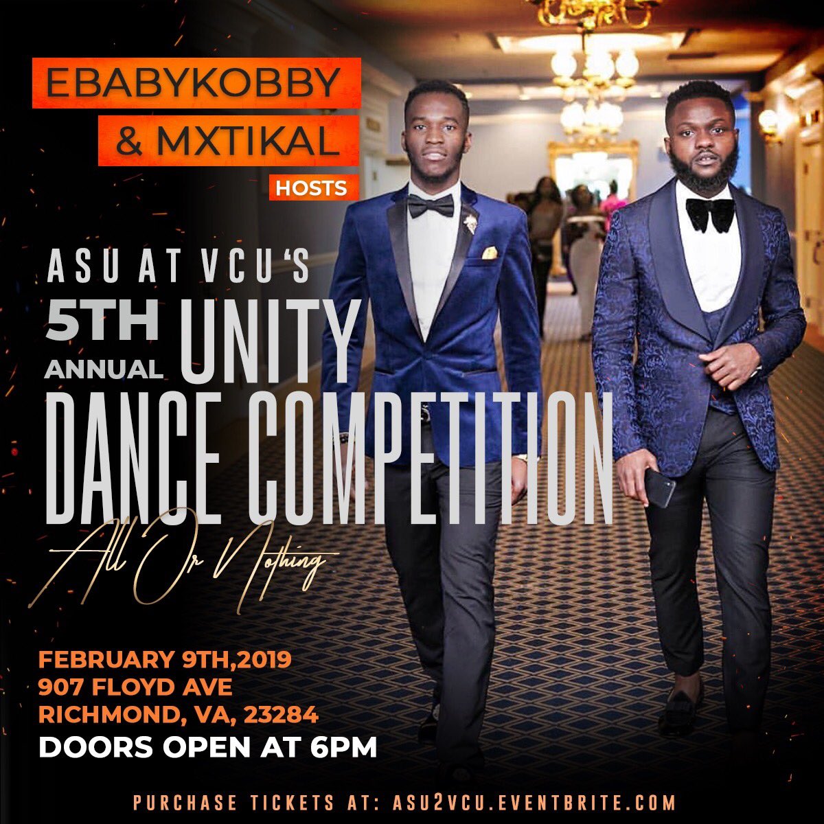 asu_vcu's tweet photo. ASU at VCU Presents it’s 5th Annual Dance Competition: ALL OR NOTHING! 
Hosted by @EbabyKobby &amp; @Mxtikal
Saturday February 9th at 7PM, DOORS OPEN 6PM!!! 
🚨🚨🚨🚨🚨
 It’s an event you don’t want to miss GET YOUR TICKETS NOW https://t.co/HboSPGlqC4 
see you there! https://t.co/TTrsVOQnDo
