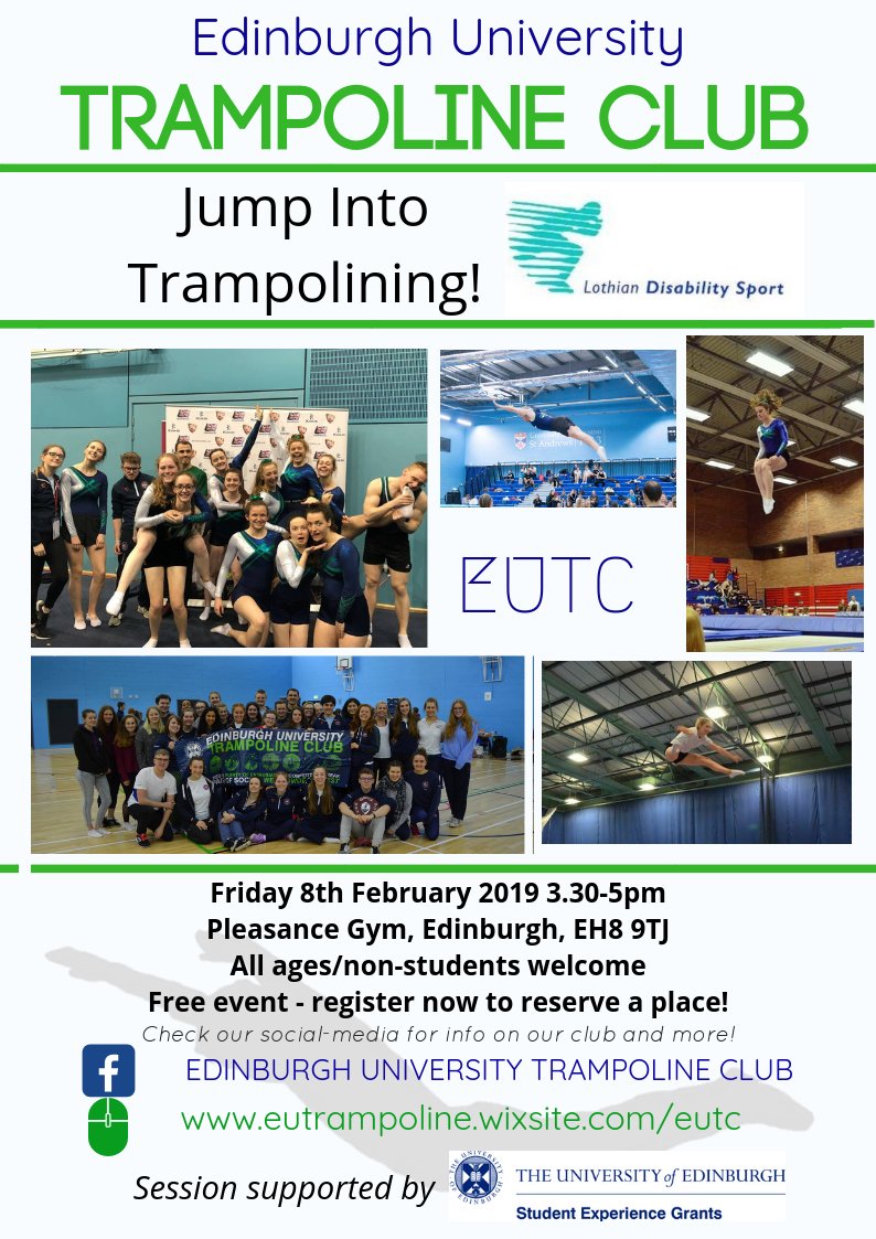 LDS_Sport's tweet photo. LDS are delighted to be working in partnership with @EU_Trampolining to deliver a free inclusive taster session. Details in flyer below.

All ages and disabilities are welcome, there is no need to be a student to attend.

To book, please register on https://t.co/tJuJbmauNZ https://t.co/6NQX1K7JdU