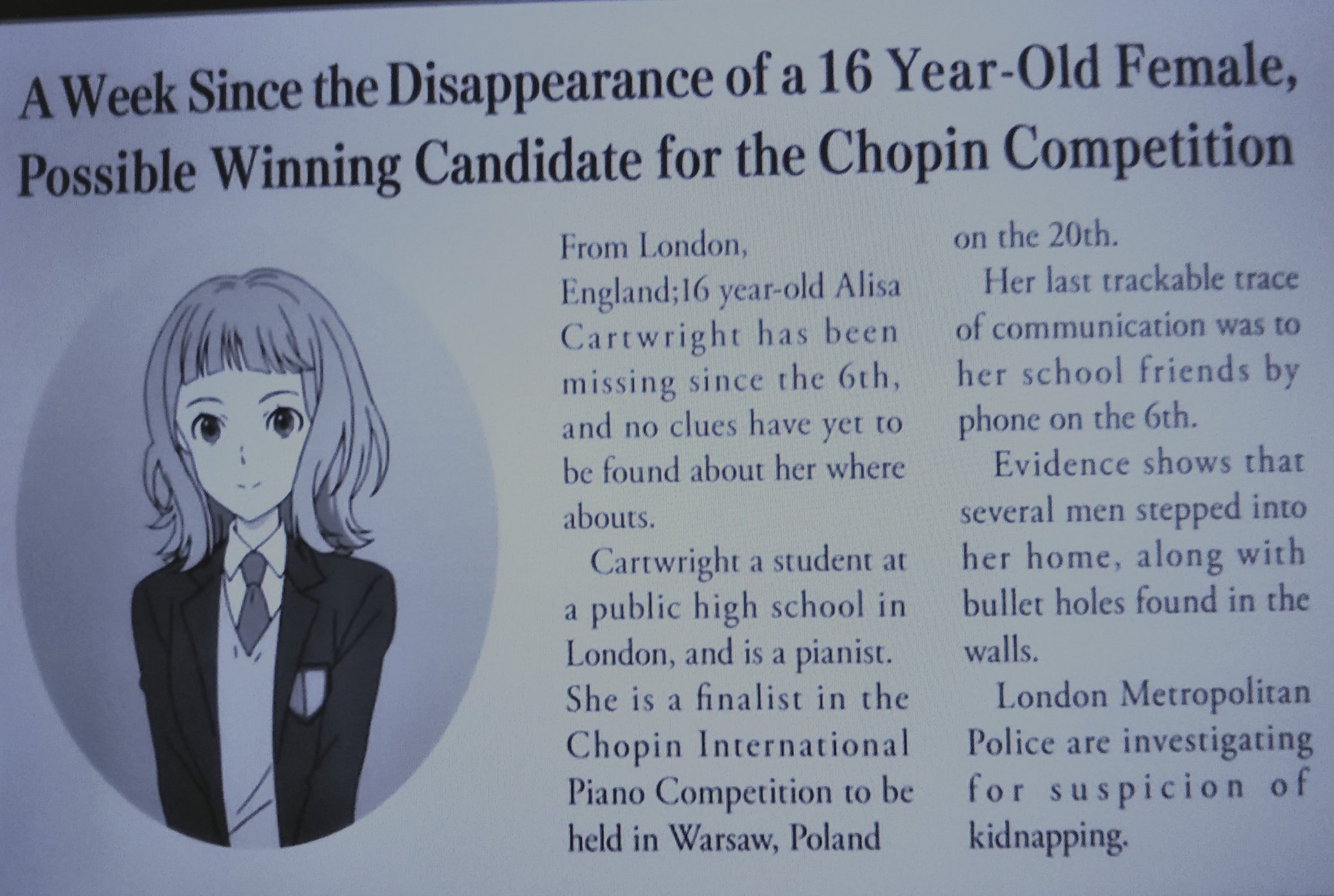 ペガサス ｐｇｓ ルパンが読んでた新聞にアリサの誘拐記事 気になって翻訳すると 本名がアリサ カートライトで１６歳 イギリス人でロンドンの公立高校の生徒だとわかった 新聞記事の情報より ルパン三世 グッバイパートナー 金曜ロードshow