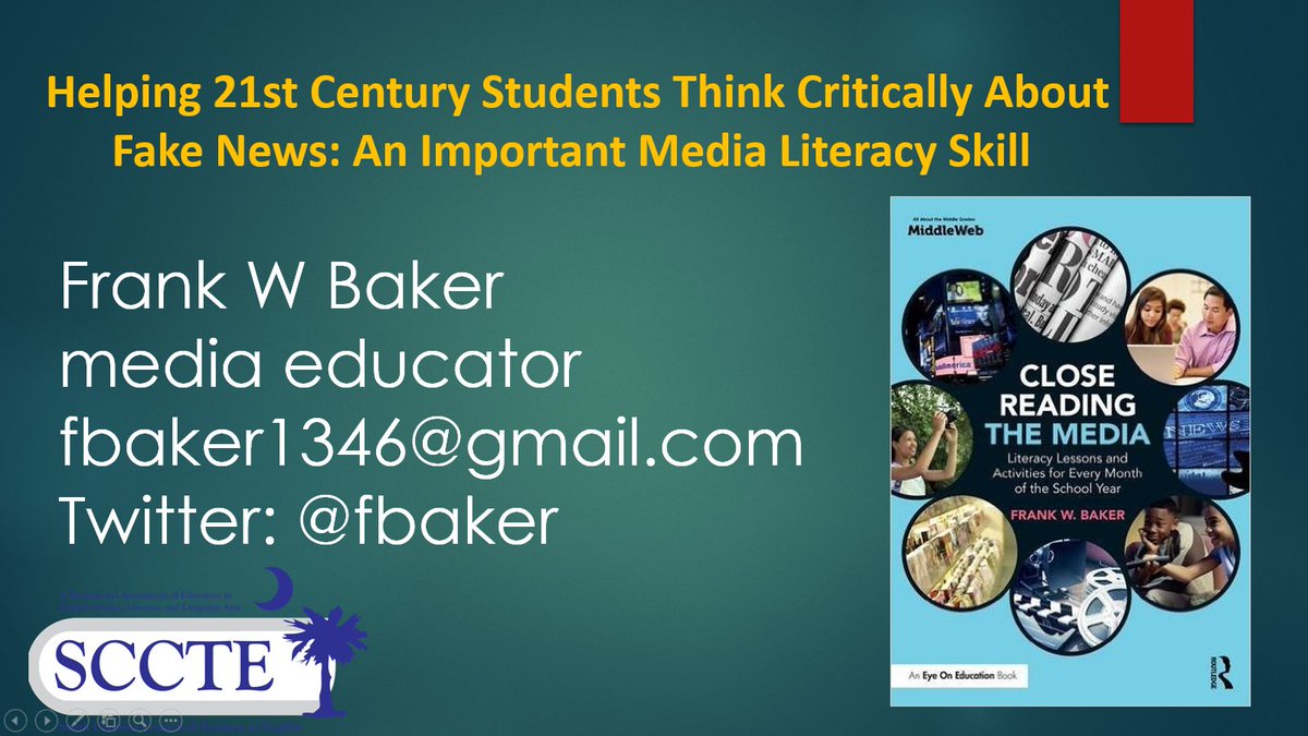 fbaker's tweet photo. I'm once again pleased & honored to take the #medialiteracy message to English/ELA educators this weekend at the #SCCTE2019 conference on Kiawah Island SC. #fakenews #criticalthinking https://t.co/Wvg7WZmLAx