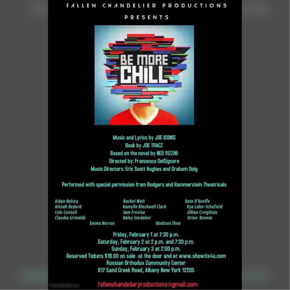 KyleAlbanoMusic's tweet photo. Really excited to be working with the cast and crew of Be More Chill presented by Fallen Chandelier Productions Inc. this weekend. Dates are on the flyer. Let me know if you would like a ticket or two. https://t.co/RU1ckvzTUH