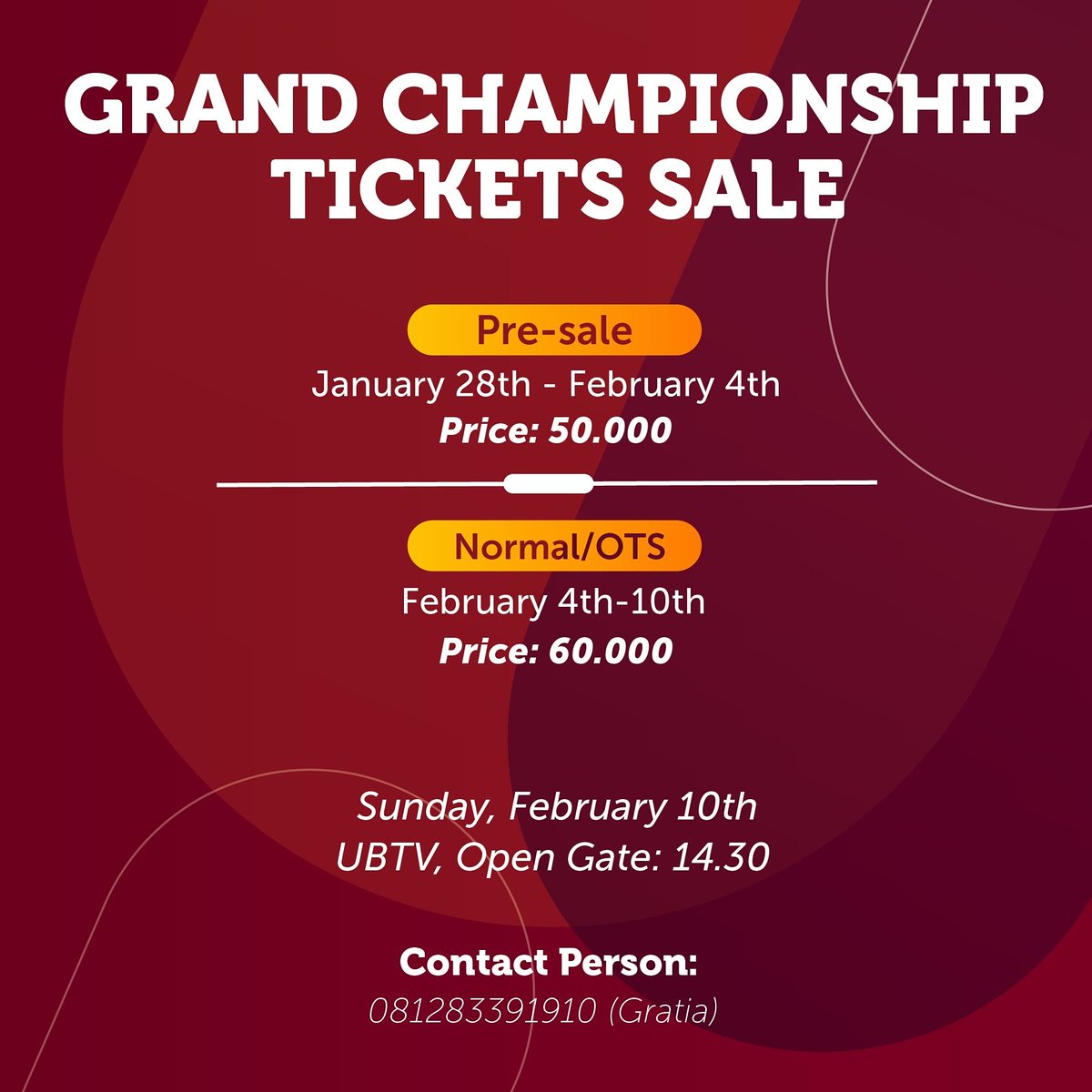 BCF_UB's tweet image. 9TH BRAWIJAYA CHOIR FESTIVAL 2019 "Expression of Love" proudly announce Grand Championship Tickets Sale.

Tickets are available on Presale and Normal Price/OTS.
For further information and ticket reservation please Contact :
Gratia (+62 8128 3391 910) 
#BCF9