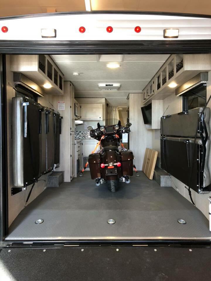 The time is near to kill some bugs with those motorcycle windshields. Why not haul your bike in style to your favorite campground? You will love the Silver Edition Retro Toy-hauler. You can tow it with your half-ton pickup. floydsrvs.com Stock# 102694