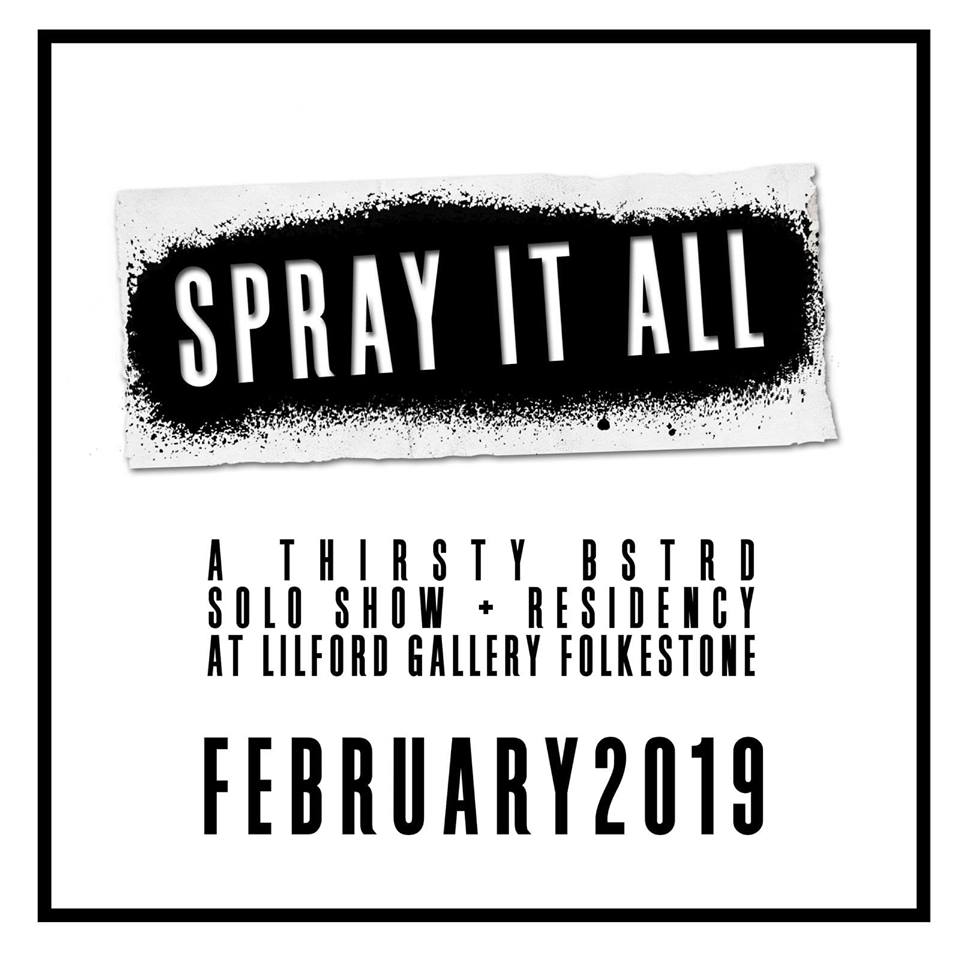 May we have your attention please 🗣
An extraordinary <a href="/juliensurdeau/">Julien Surdeau</a> SOLO SHOW titled ‘Spray It All’ is taking place at Lilford Gallery Folkestone in less than a month! 
-> When: 22nd Feb - 4th March
-> PV: 22nd Feb 6-8pm 
#thirstybstrd #soloshow #streetart