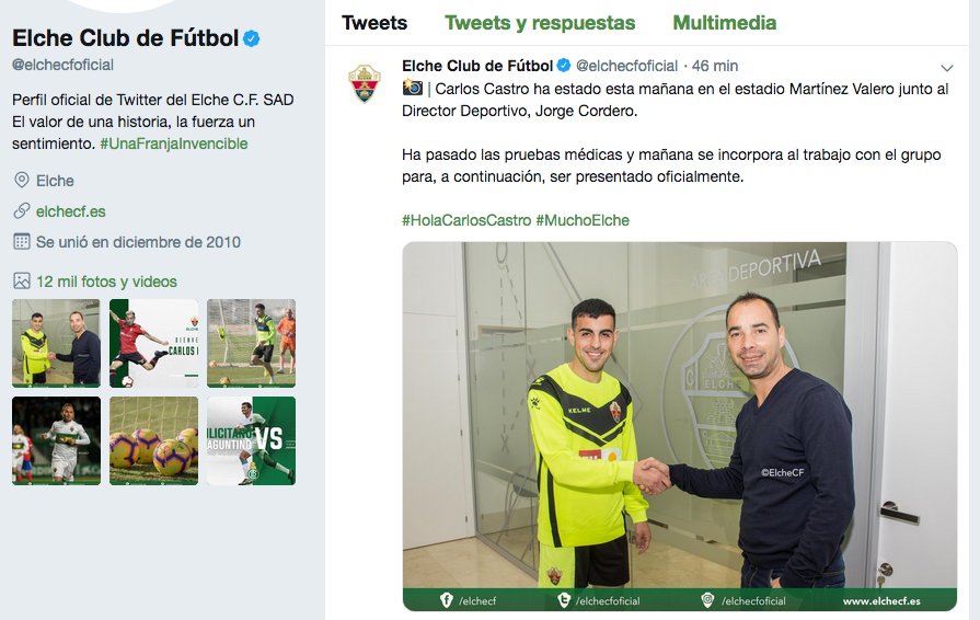 Webesport's tweet photo. #NotiWE. Fútbol, Segunda. Otra salida más en el Mallorca: el delantero Carlos Castro se marcha cedido al Elche hasta el 30 de junio. https://t.co/jv3xC6p0E7