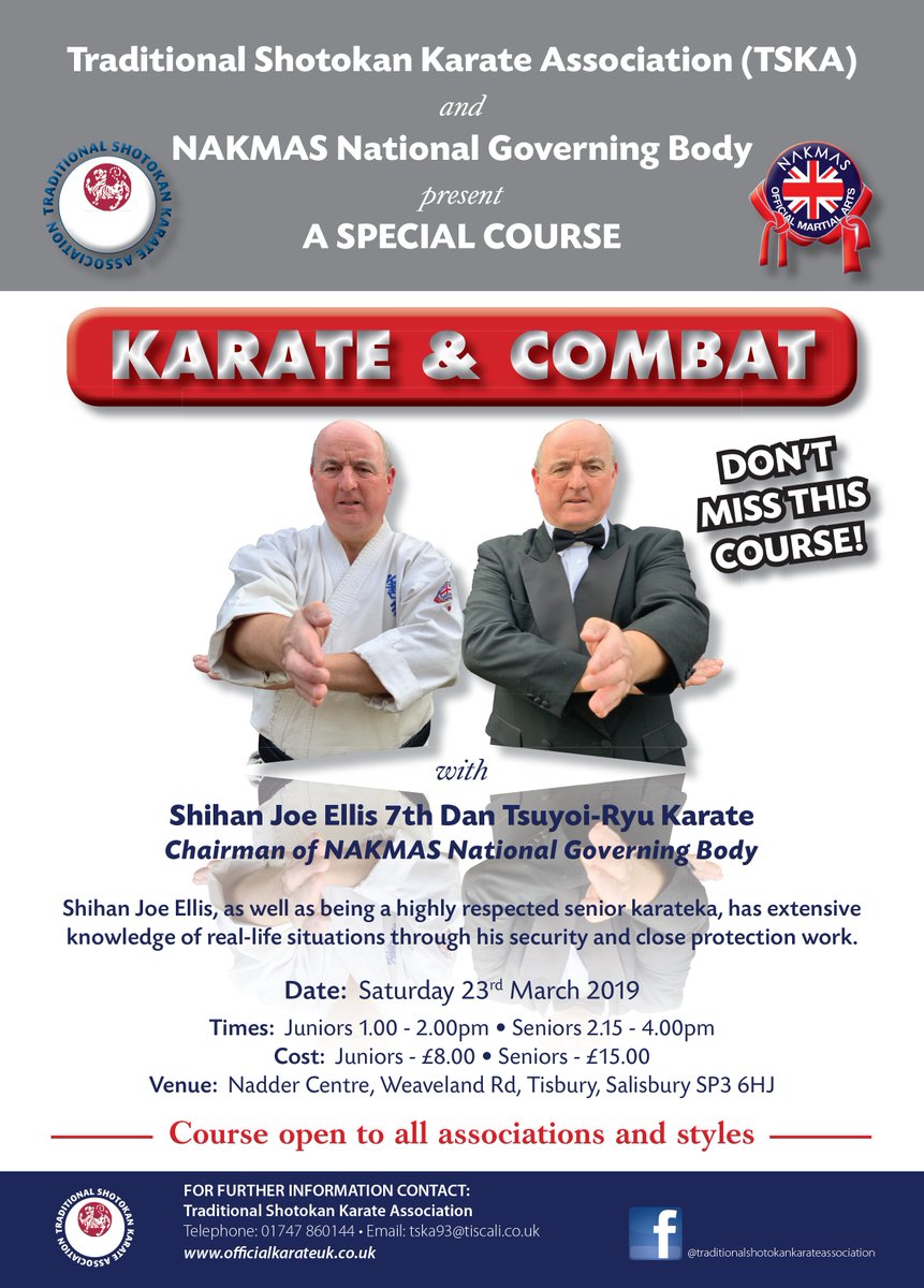 NAKMASNGB's tweet photo. Karate &amp; Combat Course with the NAKMAS National Chair, Joe Ellis 7th Dan. Saturday 23 March 2019 at the @NadderCentre in Tisbury, Wiltshire, hosted by the @TSKAKarate 

Full details via the following link:

https://t.co/rs2FXeZTzc

#tskas #nakmasngb #karate #combat #selfdence https://t.co/vazizNmuGf