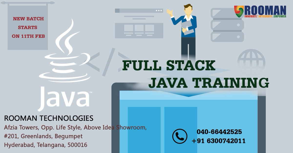 HyderabadRooman's tweet image. New Batch for Full Stack Java starts on 11th Feb, 2019. For more info visit our website bit.ly/2zrw3l2 #newbatch #JAVA #ADVjava #javatraining #corejava #advancedjava #springtraining #xml #webservices #javacourse
