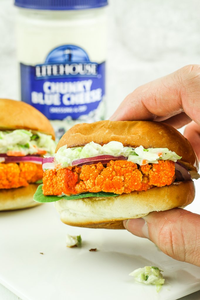 thefitchen's tweet photo. Meet your new favorite game day appetizer – Buffalo Cauli Sliders! Roasted mini cauliflower steaks topped with @LitehouseFoods Chunky Blue Cheese Dressing &amp; Dip slaw. These are SO irresistible. #litehousefoods #AD Recipe ––> https://t.co/GtZoULdOns https://t.co/IQNauSxNlm