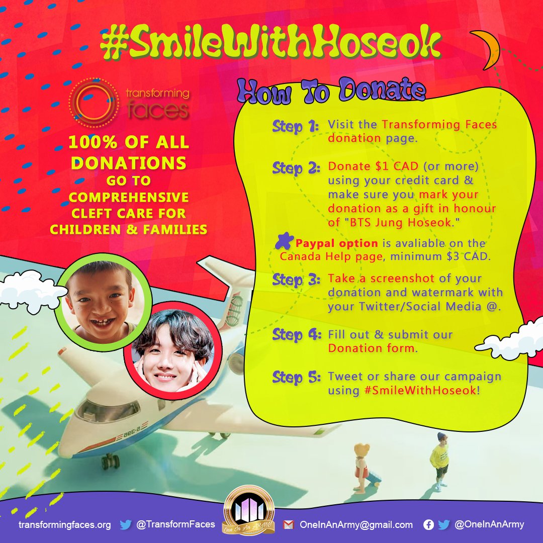 OneInAnARMY's tweet photo. Welcome to OIAA's birthday campaign for our sunshine, Hoseok!💚

We're supporting @TransformFaces to help repair cleft lip &amp; palate for children in Peru, giving them bright smiles and lives full of hope!

Donate here: https://t.co/TfxIj5h4Ui (Paypal option below)
#SmileWithHoseok https://t.co/5ZR7IR01B7