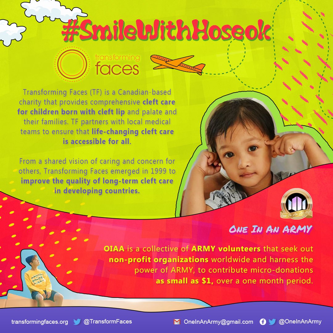 OneInAnARMY's tweet photo. Welcome to OIAA's birthday campaign for our sunshine, Hoseok!💚

We're supporting @TransformFaces to help repair cleft lip &amp; palate for children in Peru, giving them bright smiles and lives full of hope!

Donate here: https://t.co/TfxIj5h4Ui (Paypal option below)
#SmileWithHoseok https://t.co/5ZR7IR01B7