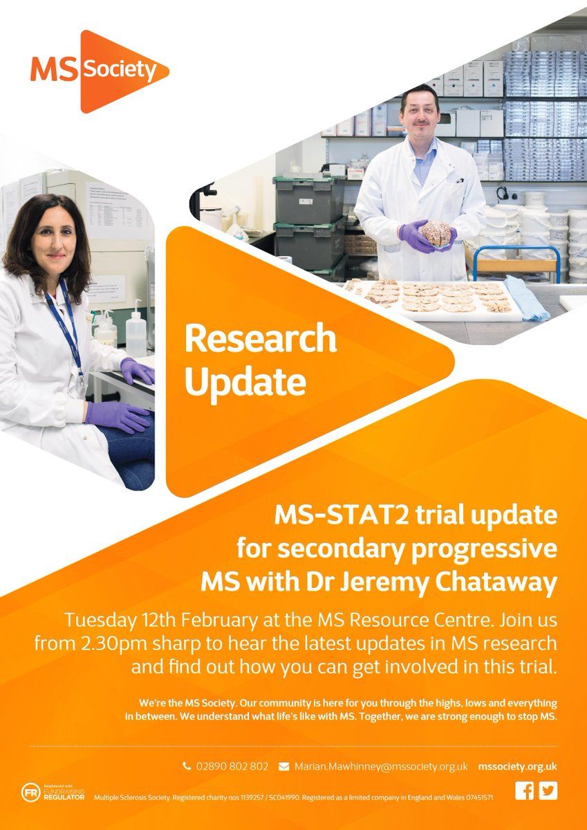 mssocietyNI's tweet photo. MS-STAT2 trial update for secondary progressive MS with Dr Jeremy Chataway @UCLIoN 

Tuesday 12th February at the MS Resource Centre. Join us from 2.30pm sharp to hear the latest updates in #MS research and find out how you can get involved in this trial. https://t.co/dymfFtokaI https://t.co/KfnGes9dip