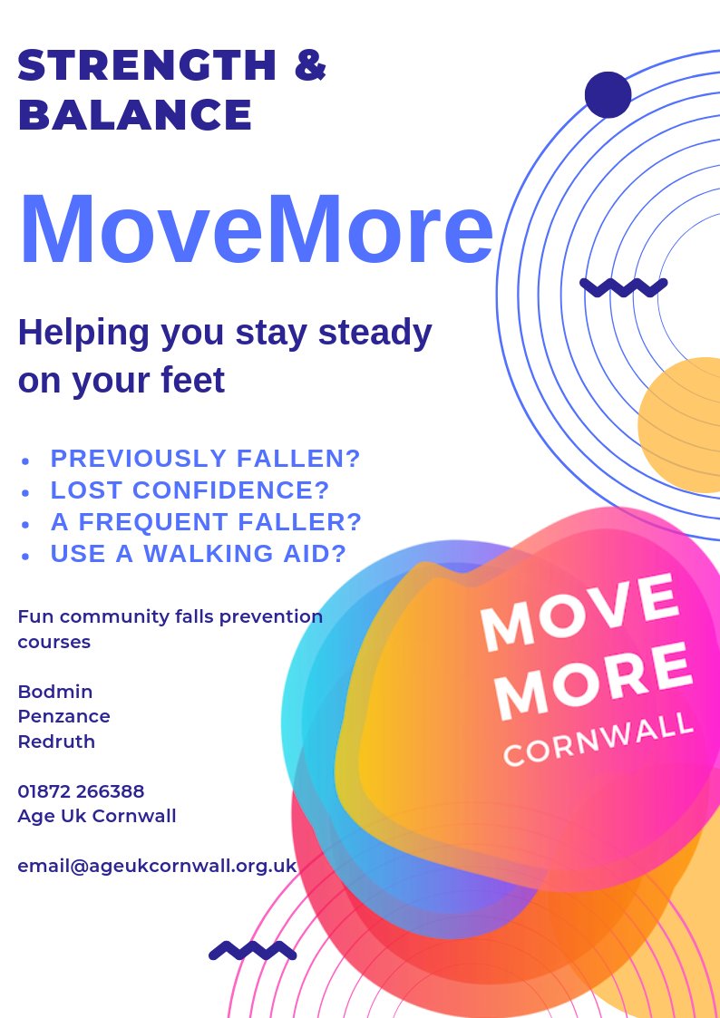 AgeUKCornwall's tweet image. Providing confidence to anyone who is a little unsteady on their feet. @movemoreCor classes are starting in Penzance, Bodmin &amp;amp; Pool. Call our Helpline on 01872 266388 to book - find out more ageuk.org.uk/cornwall/about…