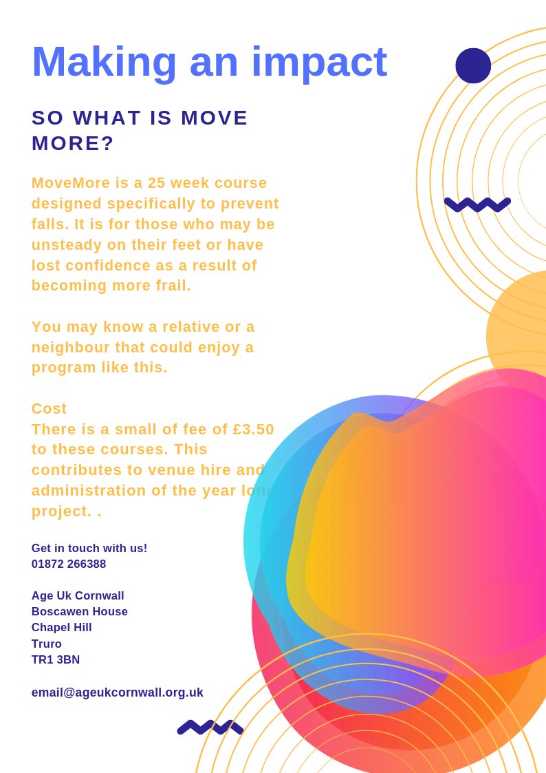 AgeUKCornwall's tweet image. Providing confidence to anyone who is a little unsteady on their feet. @movemoreCor classes are starting in Penzance, Bodmin &amp;amp; Pool. Call our Helpline on 01872 266388 to book - find out more ageuk.org.uk/cornwall/about…
