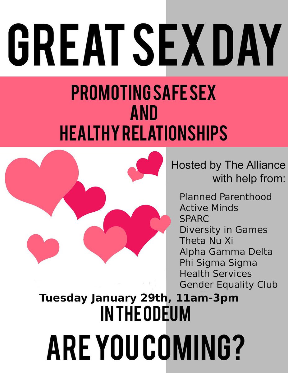 wpiAlliance's tweet photo. Good morning everyone!!! Today we are hosting our annual event Great Sex Day!!💕 We will be from 11am till 3pm in the odeum. There will be a raffle and free condoms.
Don’t forget to stop by and learn about safe sex and healthy relationships. 💜💙💚💛🧡❤️ https://t.co/RAAtxZWBj8