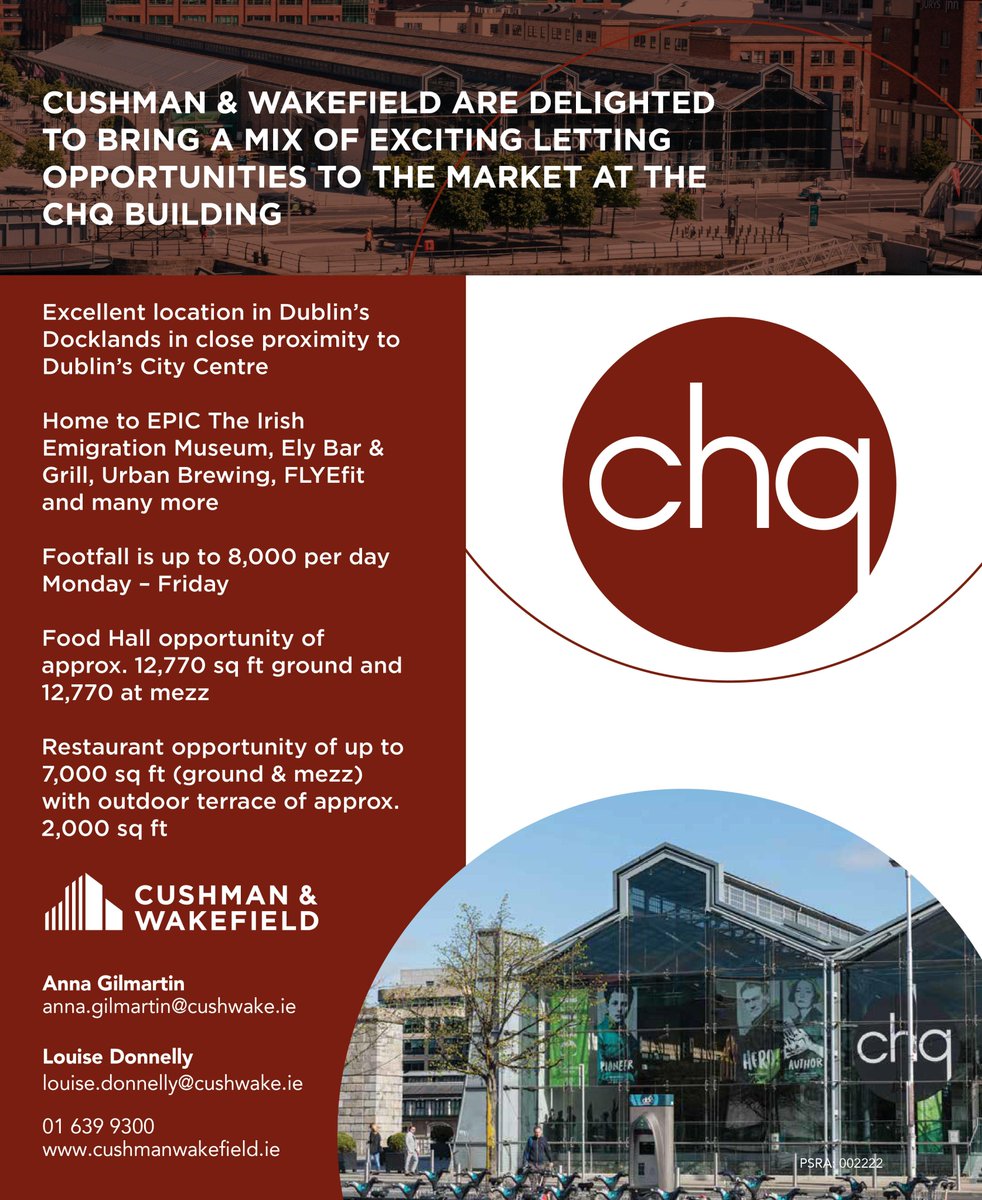 Superb Retail and Food &amp; Beverage opportunities at the stunning chq Building. Please contact the team for more details #chq #retailopportunity #docklands #dublindocklands #docklandsretail #dublinretail