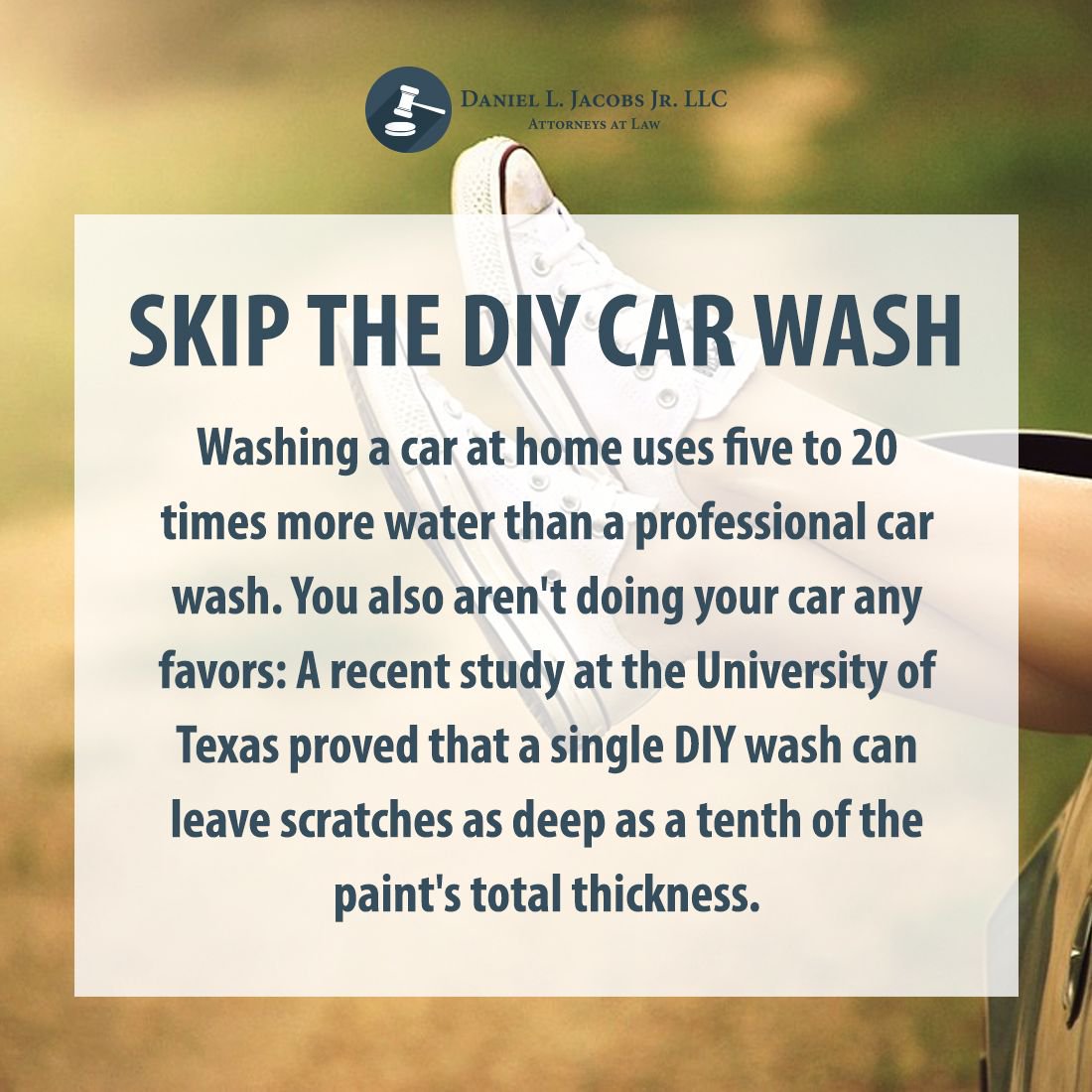 DanielJacobsLaw's tweet photo. Skip the DIY Car Wash 
Washing a car at home uses five to 20 times more water than a professional car wash. A recent study at the University of Texas proved that a single DIY wash can leave scratches as deep as a tenth of the paint's total thickness. https://t.co/mzXZyxntHI