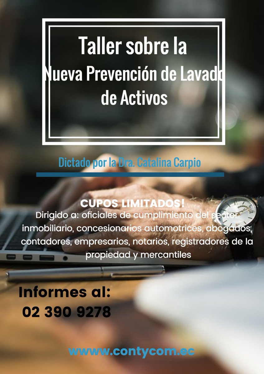 Contycom EC (@contycome) on Twitter photo #FelizMartes #ContycomTrabaja Prevención de #LavadoDeActivos nueva normativa aplicada #taller #CuposLimitados <a href="/mineriaecuador/">Cámara de Minería del Ecuador</a> <a href="/sot_ecuador/">SOT Ecuador</a> @Sandoval_Contad <a href="/ColAbgPichincha/">Abogados Pichincha</a> <a href="/BUSINESSAMBATO/">Negocios Ambato</a> <a href="/viviendasec/">Viviendas Ecuador</a> @constructor_ec <a href="/ObrasPublicasEc/">Ministerio de Transporte y Obras Públicas 🇪🇨</a> #FelizMartes #ContycomTrabaja Prevención de #LavadoDeActivos nueva normativa aplicada #taller #CuposLimitados <a href="/mineriaecuador/">Cámara de Minería del Ecuador</a> <a href="/sot_ecuador/">SOT Ecuador</a> @Sandoval_Contad <a href="/ColAbgPichincha/">Abogados Pichincha</a> <a href="/BUSINESSAMBATO/">Negocios Ambato</a> <a href="/viviendasec/">Viviendas Ecuador</a> @constructor_ec <a href="/ObrasPublicasEc/">Ministerio de Transporte y Obras Públicas 🇪🇨</a>