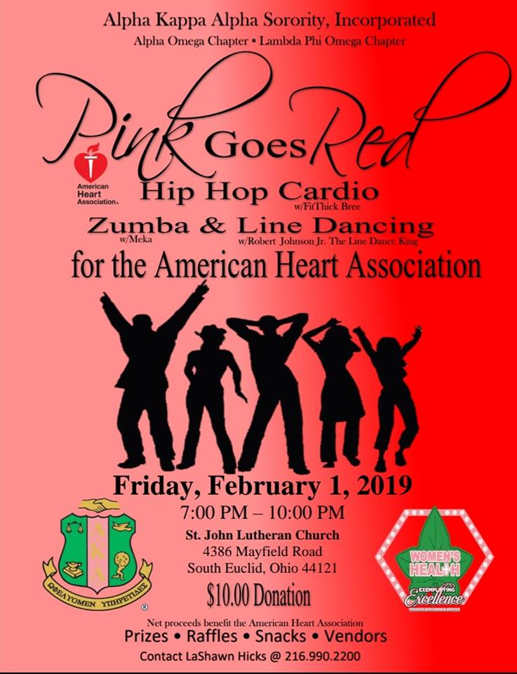Join Alpha Omega and Lambda Phi Omega Chapters for Pink Goes Red on Feb 1, 2019. This event includes Hip-hop cardio, Zumba, line dancing, and materials on heart disease and stroke. Cost is $10. Net proceeds will benefit the American Heart Association. #AKAPinkGoesRed