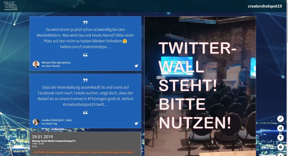 In 2 Stunden geht es los mit dem TLM-Meet-up SOCIAL MEDIA #CREATORHOTSPOT19 im Erfurter Zughafen (Kalif Storch). Die Twitter-WALL steht: walls.io/creatorshotspo… bitte nutzen, auch wenn es nicht mehr mit einer Teilnahme geklappt hat