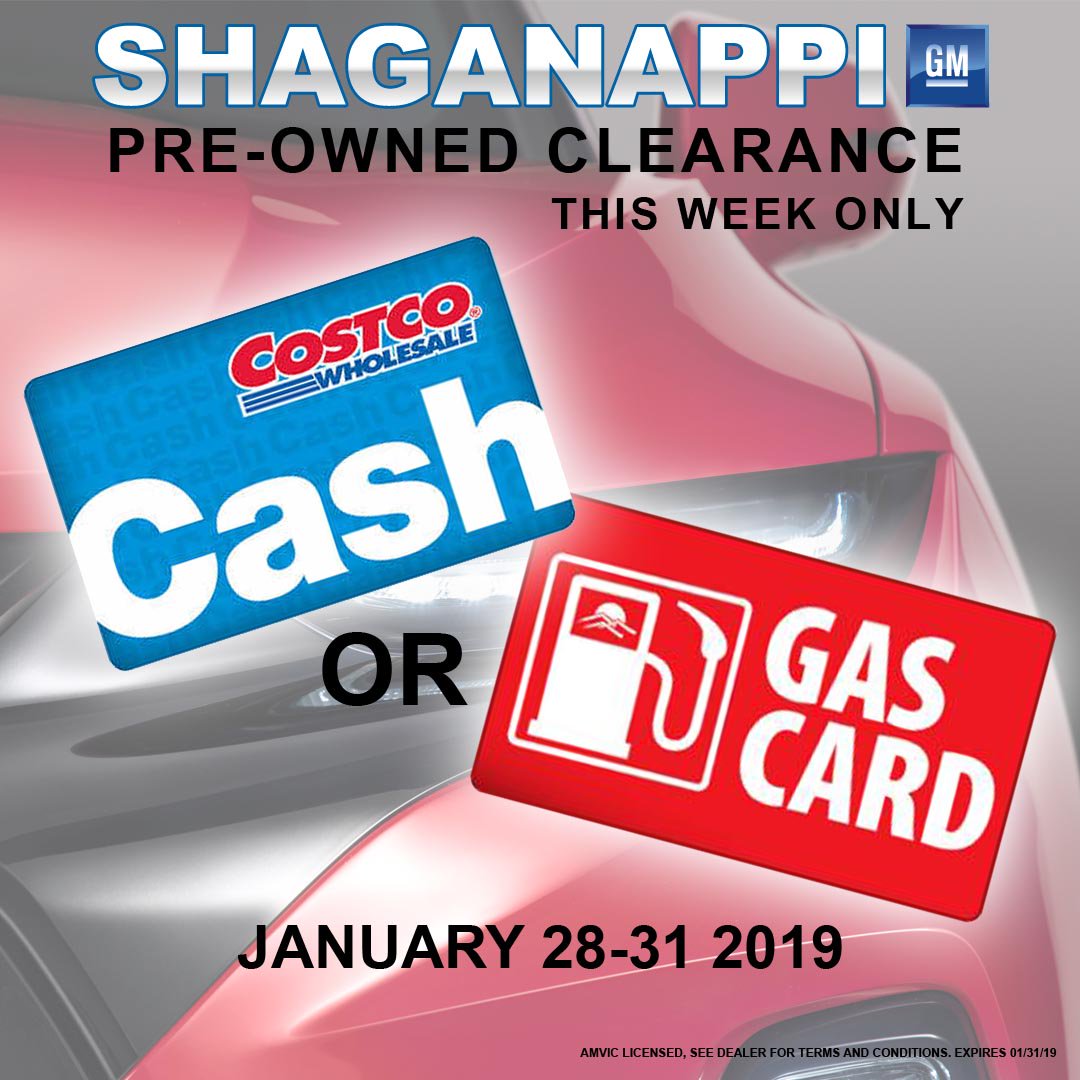 Have you heard the news?! We are giving you a $250 Costco Cash Card OR a $250 Gas Card with your pre-owned purchase only until January 31st!! Hurry down and capture these massive savings before they disappear! #ShaganappiGM

AMVIC Licensed. See Dealer For Details.