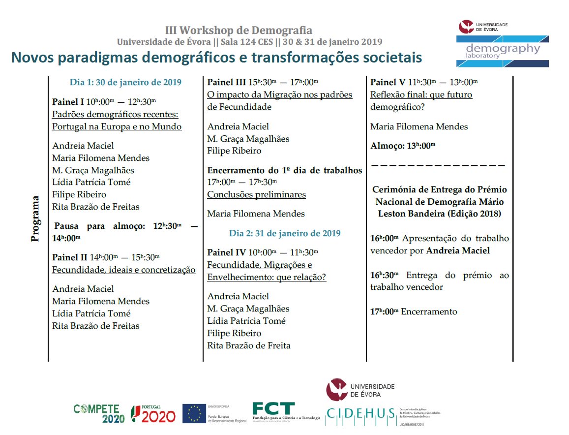 cidehus_ue's tweet image. 30. e 31. Janeiro. 2019
III Workshop de Demografia
"Novos paradigmas demográficos e transformações societais"
+INFO: cidehus.uevora.pt/atividades/not…
@DemoLab_UEVORA
#portuguesedemography #demografiaemportugal