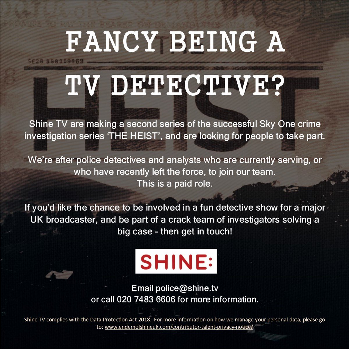 Hello to all at the #RoadsPolice19 conference! If any attendees fancy a fun challenge this summer, Sky TV show #TheHeist is looking for detectives and analysts to join our team for series 2. 
Police@shine.tv for more info! #police #detective