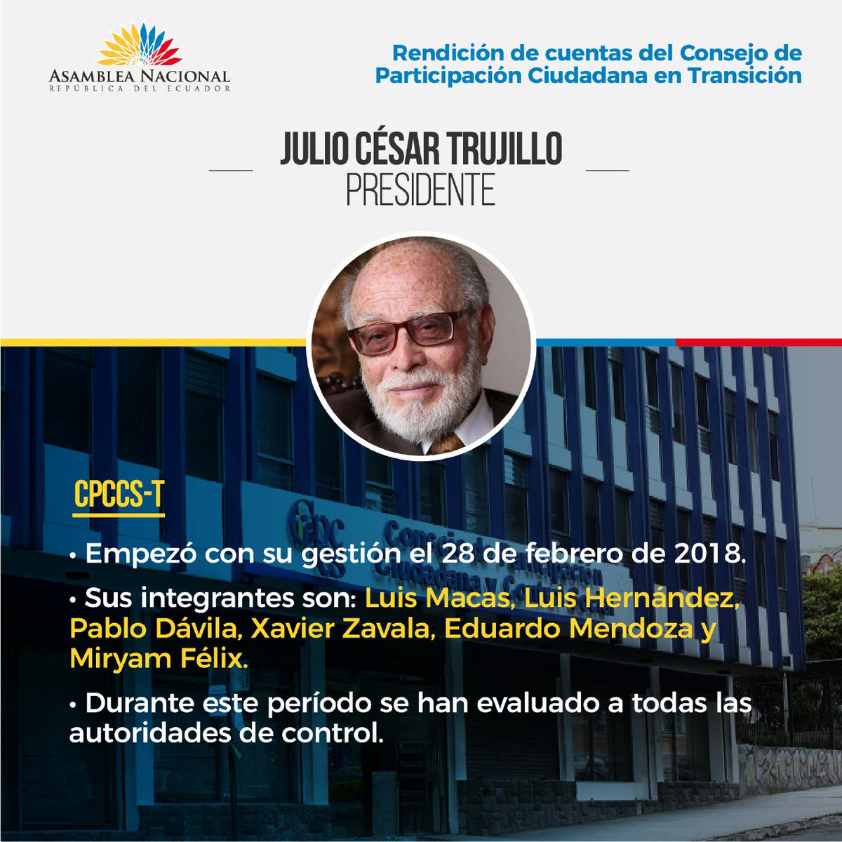 #TransparenciaEcuador | El titular del <a href="/CPCCS/">Carlos P. Carcelén Caicedo</a>, <a href="/JCTrujilloCPCCS/">El legado de un hombre honesto</a>, acude al #Pleno572 de la Asamblea para presentar su informe de labores. Conoce las principales acciones de esta entidad ⬇