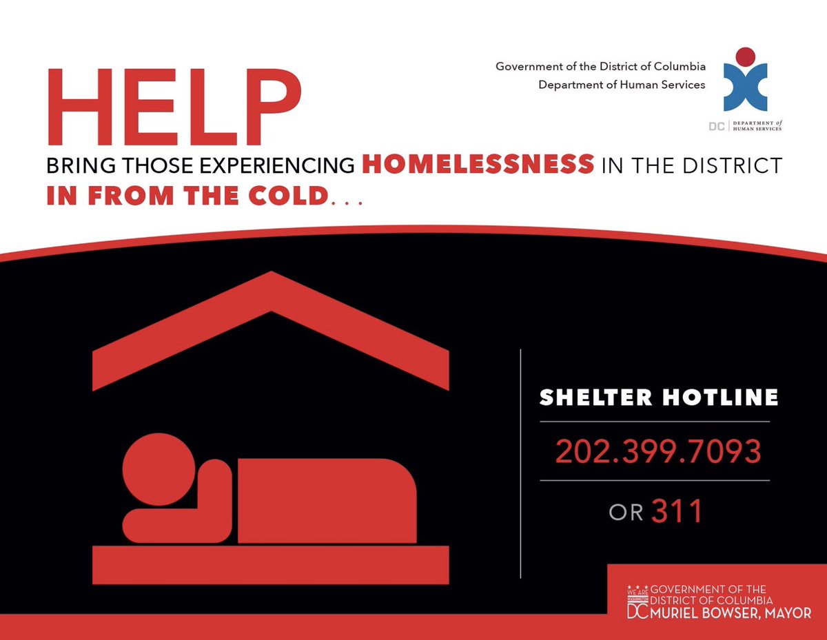 MayorBowser's tweet photo. 🚨Hypothermia Alert Activated🚨

Tuesday, 1/29: An arctic blast will dangerously drop temperatures. 
#BundleUpDC.

If you see someone in need of shelter:

☎️ 202-399-7093 or 311
📞 911 for an immediate safety risk

Please check on neighbors, elderly and vulnerable. #DCvalues https://t.co/1duq5k5BJy