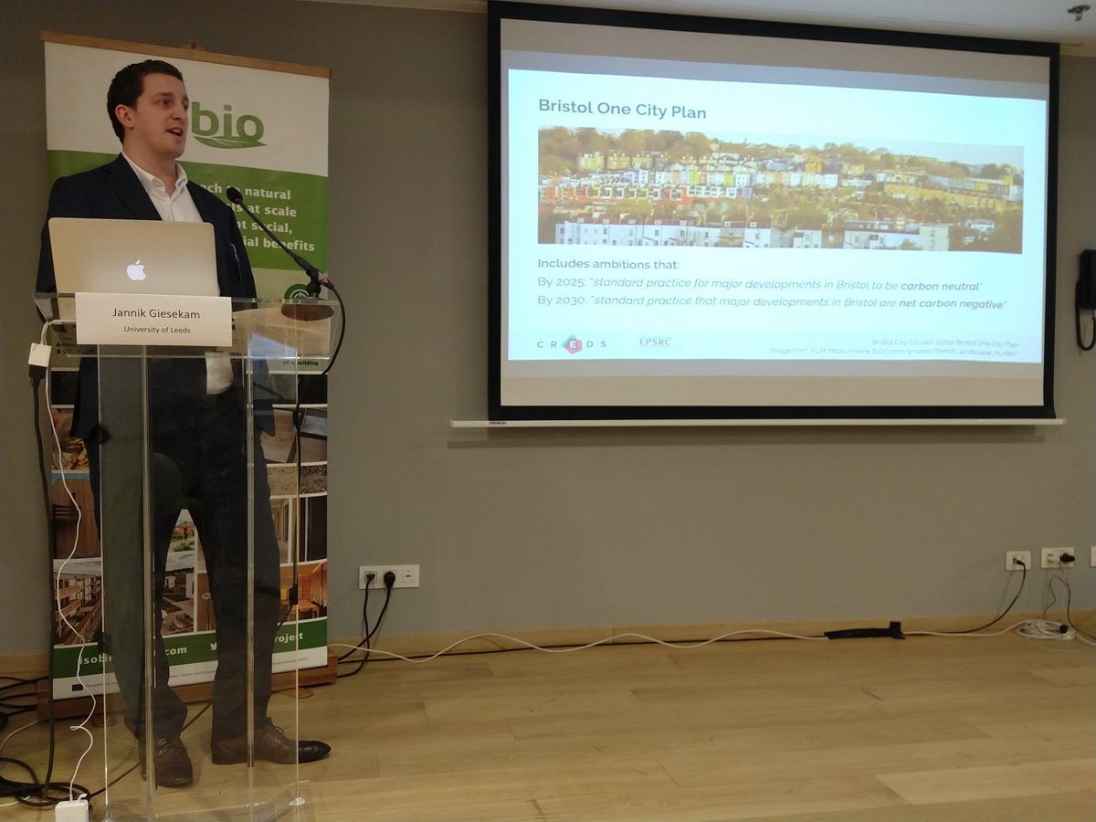 GreenovateEU's tweet photo. Inspiring talk by @jannikgiesekam at the @isobioproject final event. Why aren't we setting carbon targets for building developments? In UK, cities are leading the way (apparently UK govt is busy with something else - beginning with B) https://t.co/IOyvnTTFel