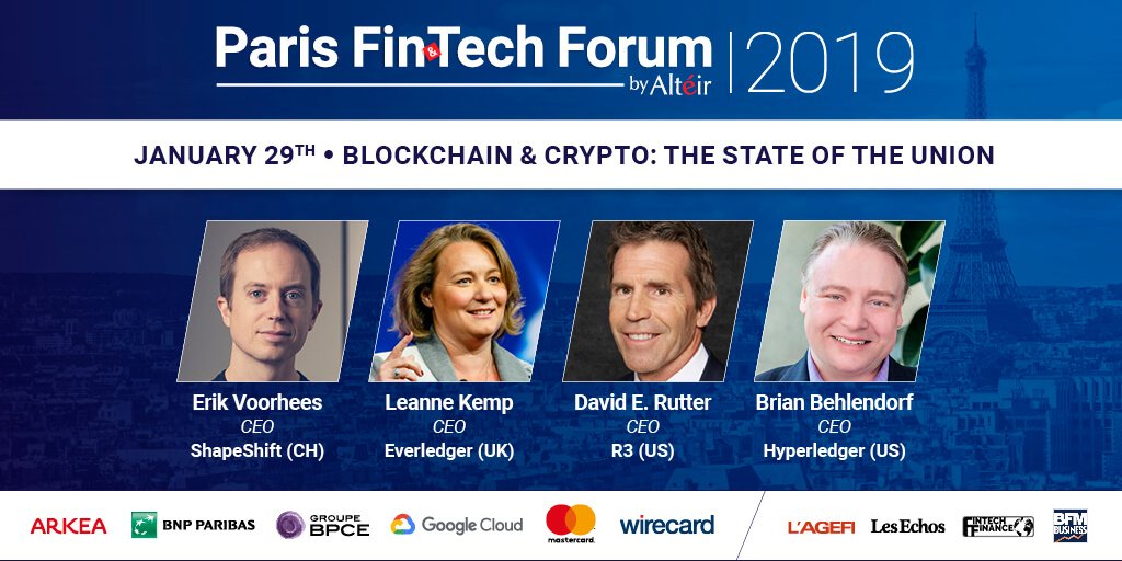 Paris Fintech Forum (@parisfinforum) on Twitter photo #PFF19 🕒 5min Blockchain & Crypto: the state of the union panel moderated by <a href="/obussmann/">Oliver Bussmann</a> at General Session Track with <a href="/ErikVoorhees/">Erik Voorhees</a> CEO @ShapeShift_io <a href="/leanne_kemp/">Leanne Kemp【ツ】</a> CEO <a href="/everledgerio/">Everledger</a> <a href="/daviderutter1/">David E Rutter</a> CEO <a href="/inside_r3/">R3</a> <a href="/brianbehlendorf/">brianbehlendorf</a> CEO #Hyperledger #PFF19 🕒 5min Blockchain & Crypto: the state of the union panel moderated by <a href="/obussmann/">Oliver Bussmann</a> at General Session Track with <a href="/ErikVoorhees/">Erik Voorhees</a> CEO @ShapeShift_io <a href="/leanne_kemp/">Leanne Kemp【ツ】</a> CEO <a href="/everledgerio/">Everledger</a> <a href="/daviderutter1/">David E Rutter</a> CEO <a href="/inside_r3/">R3</a> <a href="/brianbehlendorf/">brianbehlendorf</a> CEO #Hyperledger