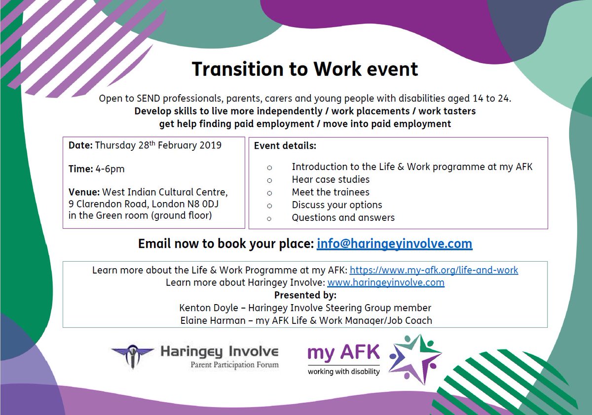 Transition to Work Event for young people with SEND is here!
Professionals, parents carers and their young people welcome
Book your space!
#SEND #Haringey #Free
@HaringeyEduc @publicvoiceuk @NetworkHaringey @TCHubHaringey @HaringeyVC @HWHaringey @haringeyyouth @SelbyCentre