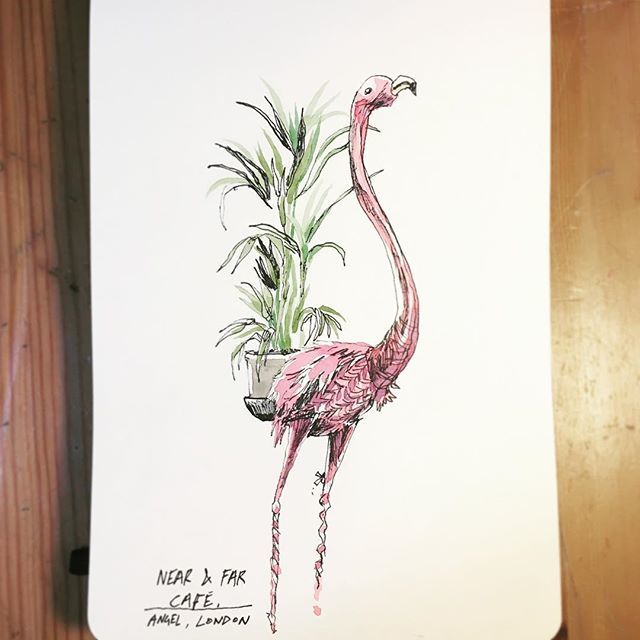 LouisVinet's tweet photo. Made a sketch with my coffee down at Near &amp; Far. Real interesting decor and lighting you got going on 🍬
_______________________________________
#drawing #sketch #watercolour #watercolor #observationaldrawing #londoncoffeeshops #plants #flamingo #decor #cafesketching #sketchb… https://t.co/kctOm1gatI