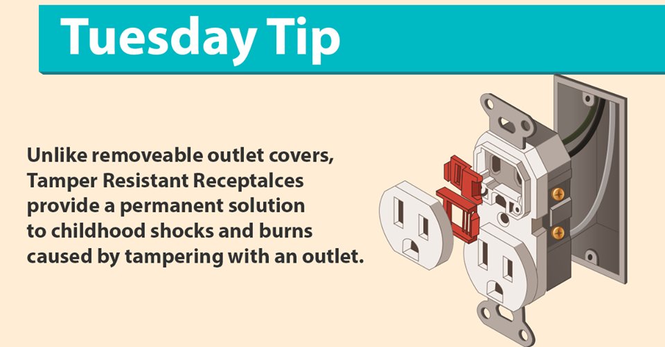 ESFIdotorg's tweet image. Tuesday Tip: Consider installing tamper resistant receptacles in your home if you regularly have young visitors. Learn more: bit.ly/1j7LUKl