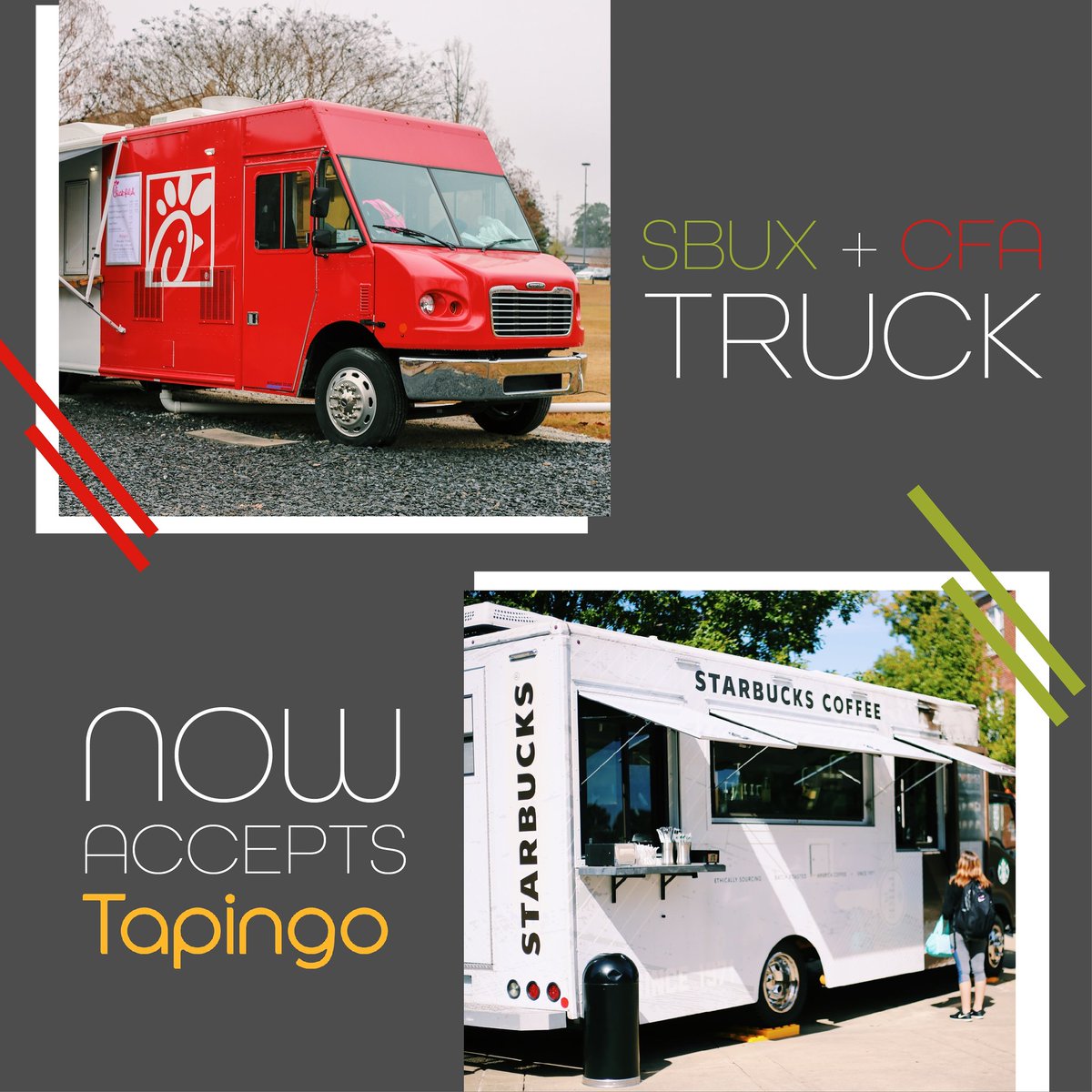 AuTigerDining's tweet photo. Exciting news! You can now use the Tapingo app and order in advance for the Chick-fil-A &amp; Starbucks Trucks!  #Tapingo #chickfila #starbucks https://t.co/JfI32Wfker